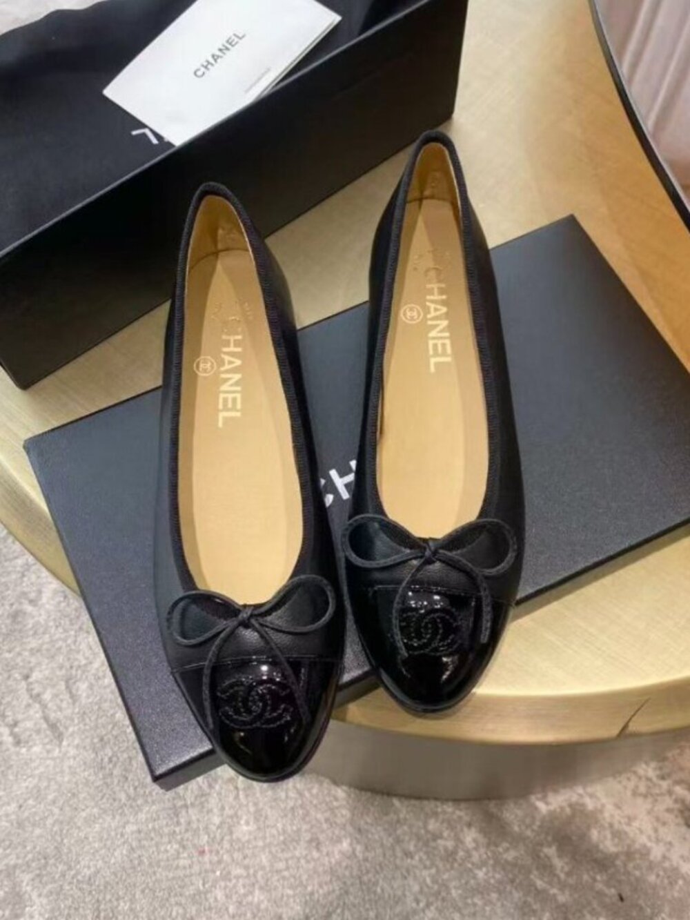 CHANEL Black Patent Leather Cap-Toe Bow Ballet Flats Size 38